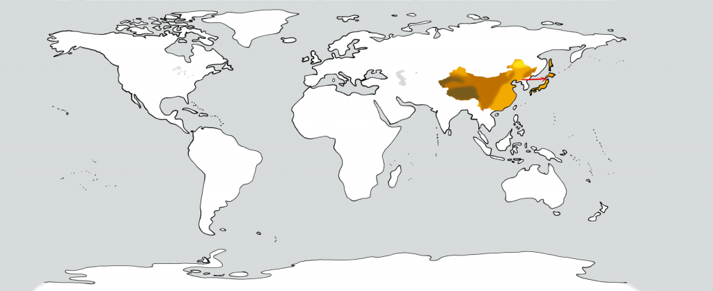 Eine weiße Weltkarte mit zwei goldenen Flecken in der Position Chinas und Japans. Ein roter Pfeil führt vom ersten zum zweiten.
