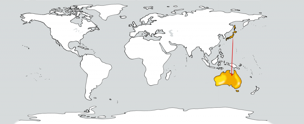 Eine weiße Weltkarte mit zwei goldenen Flecken in der Position Japans und Australien. Ein roter Pfeil führt vom ersten zum zweiten.
