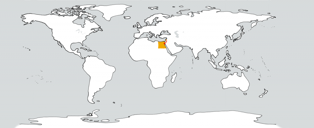 Eine weiße Weltkarte mit zwei goldenen Flecken in der Position vom Libanon und Ägypten. Ein roter Pfeil führt vom ersten zum zweiten.