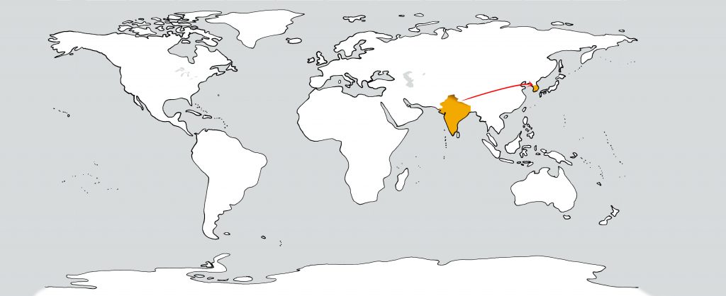 Weltkarte Indien nach Südkorea