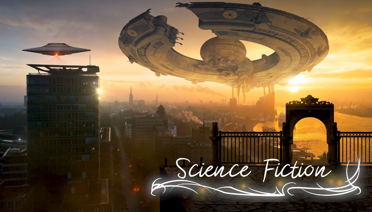 Eine futuristische Stadt bei Sonnenuntergang, über der ein Ringförmiges Raumschiff schwebt. Text: Science Fiction