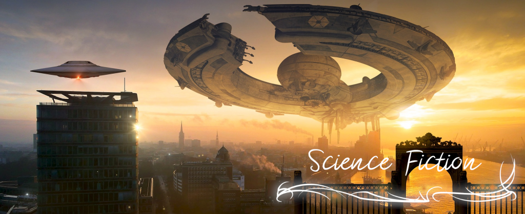 Eine futuristische Stadt bei Sonnenuntergang, über der ein Ringförmiges Raumschiff schwebt. Text: Science Fiction