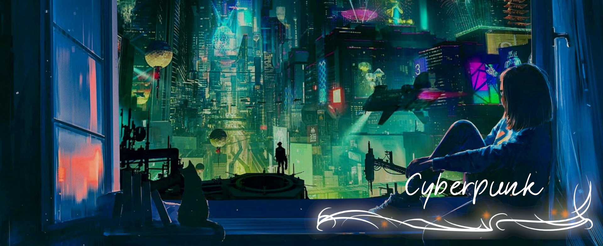Schriftzug Cyberpunk Person sieht auf futuristische Stadt
