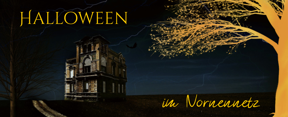 Goldener Schriftzug Halloween im Nornennetz Gruselhaus in der Nacht Goldener Weltenbaum wacht über alles