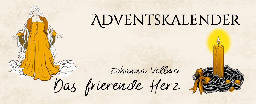 Frau mit Goldenem Kleid und langen weisen Haaren Schriftzug Adventskalender Das frierende Herz Johanna Vollmer