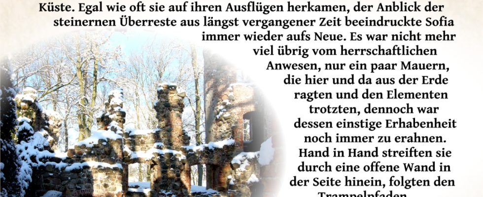 Beiger Hintergrund, Grafik mit Text und Bild und Schnörkeln. Der Text: Dezember 2021 und der Anfang der Geschichte Ruinenzauber. Das Bild zeigt schneebedeckte Ruinen