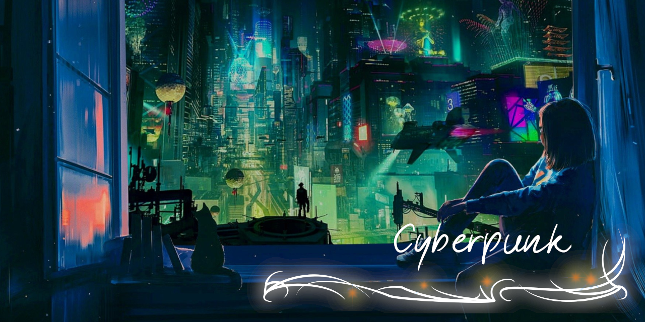 Ein Bild einer Straße voller Neonlichter, Wolkenkratzer und fliegender Fahrzeuge. Eine Figur schaut aus einem geöffneten Fenster darauf hinaus, eine Katze neben sich. Unten rechts die Beschriftung "Cyberpunk"